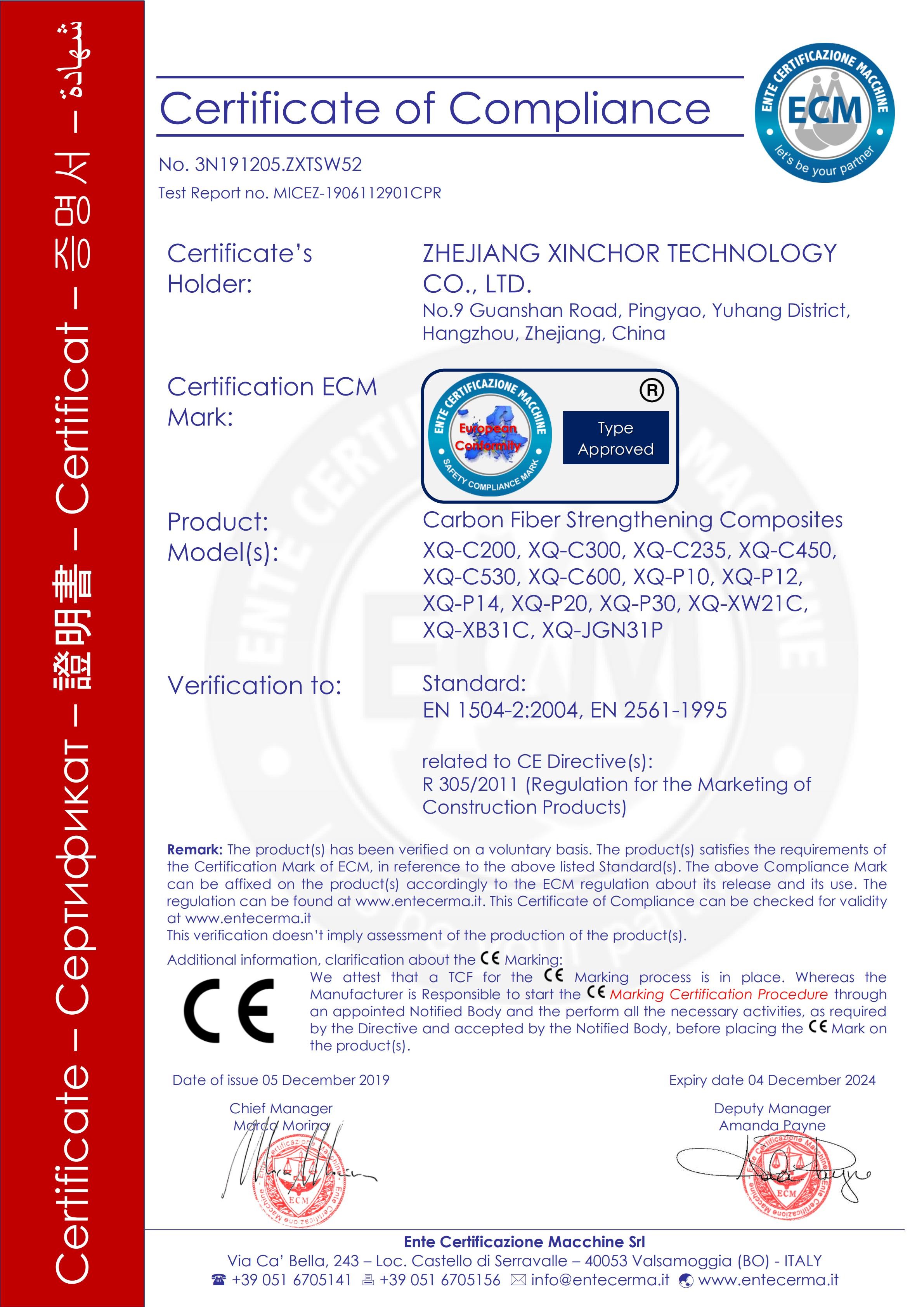 China ZHEJIANG XINCHOR TECHNOLOGY CO., LTD. Zertifizierungen